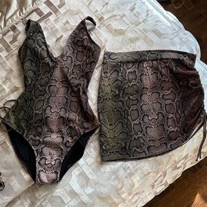 Snake Print One Piece Swimsuit and Skirt Set